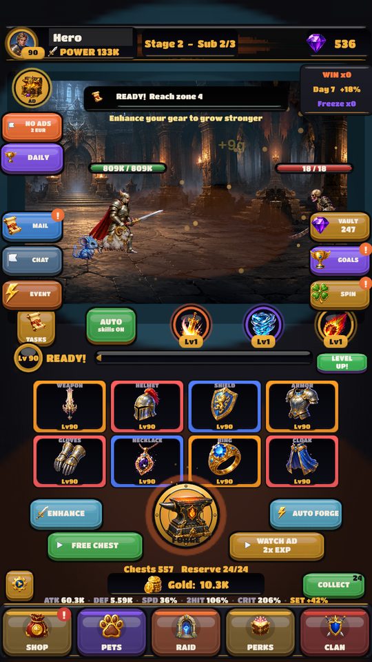 Forgium auto-battle: the hero fights an animated enemy in a torch-lit dungeon