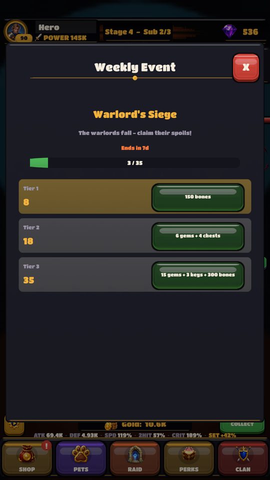 Forgium rotating weekly event screen with tiered rewards