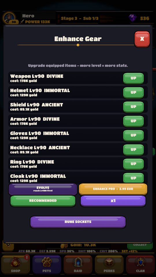 Forgium gear screen showing equipment slots and rarity tiers